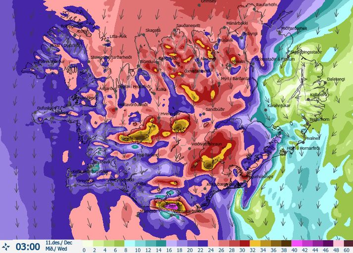 Vindaspá Veðurstofunnar fyrir klukkan þrjú í nótt.