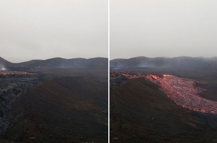 Ný vefmyndavél var sett upp við vestari garðinn í gær, rétt í tæka tíð til þess að mynda framhlaupið, sem hér sést á tveimur myndum.