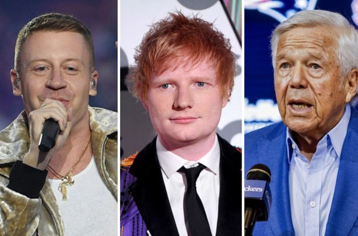Frá vinstri má sjá Macklemore, Ed Sheeran og Robert Kraft.