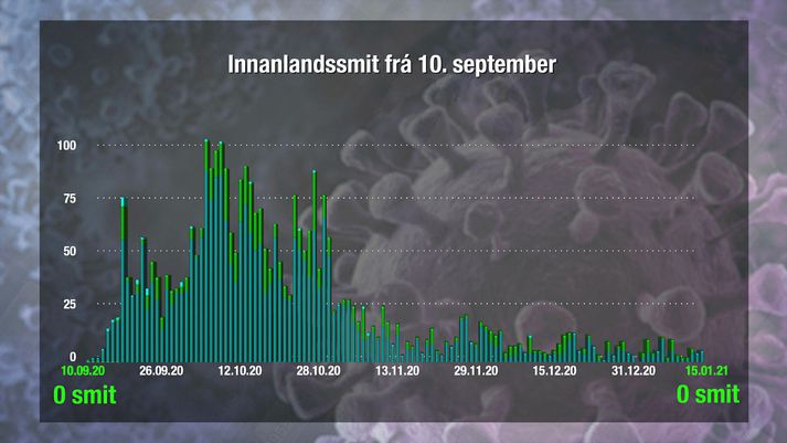 Hér sést þróun innanlandssmita síðan 10. september, þegar enginn greindist síðast, og fram til gærdagsins 15. janúar.