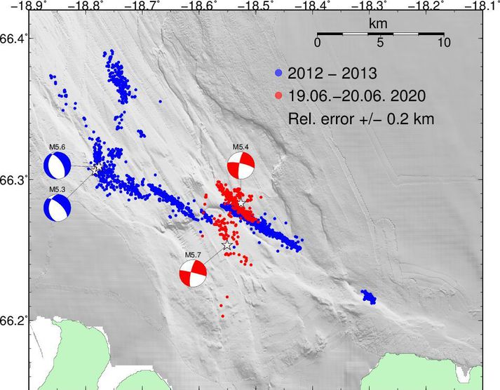 Samanburður á skjálftahrinunni síðustu tveggja sólarhringa og hrinunum 2012 og 2013.