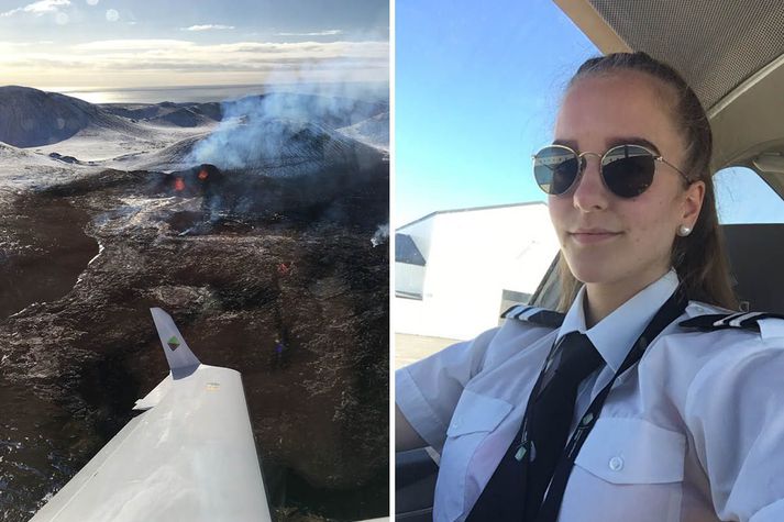 Birta Óskarsdóttir fékk draumaveður þegar hún flaug yfir eldgosið á Reykjanesskaga í lokaprófinu sínu.