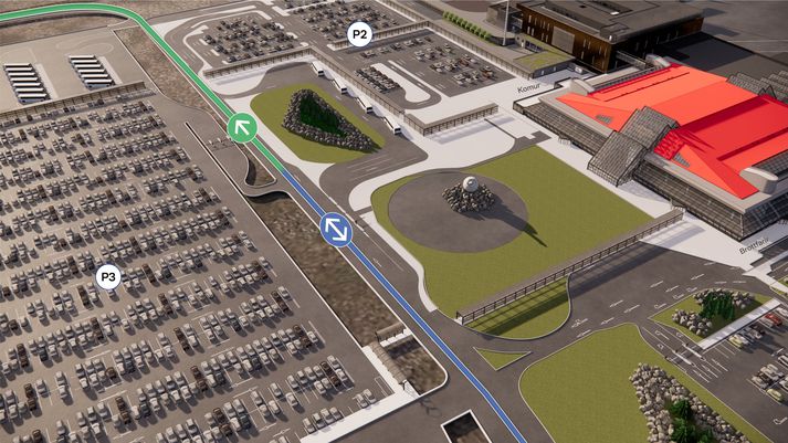 Skýringarmynd sem sýnir hvar einstefna til austur byrjar á vegi norðan við flugstöð Leifs Eiríkssonar.