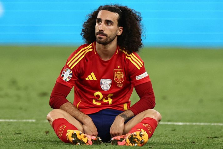 Marc Cucurella hefur spilað vel fyrir spænska landsliðið á þessu Evrópumóti en fram undan er úrslitaleikurinn í Berlín í kvöld.