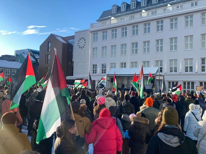 Samstöðufundur á Austurvelli skömmu áður en fjöldinn gerði sér ferð á Hlemm að mótmæla brottvísuninni.