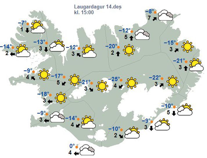 Allt að 25°C frosti er spáð á laugardag.