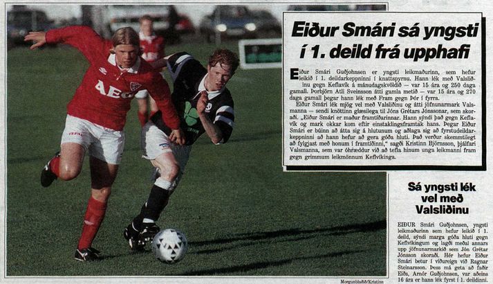 Úrklippa úr Morgunblaðið 25. maí 1994 eða frá því þegar Eiður Smári Guðjohnsen setti nýtt met og varð sá yngsti til að spila í efstu deild. Hann átti ekki það met út árið en setti annað með þegar hann skoraði í næsta leik. Enginn yngri leikmaður hefur skorað í efstu deild á Íslandi.