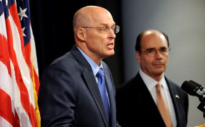Henry Paulson, fjármálaráðherra Bandaríkjanna, þegar hann tilkynnti um yfirtöku ríkisins á fasteignasjóðunum í Washington í  Bandaríkjunum í dag.