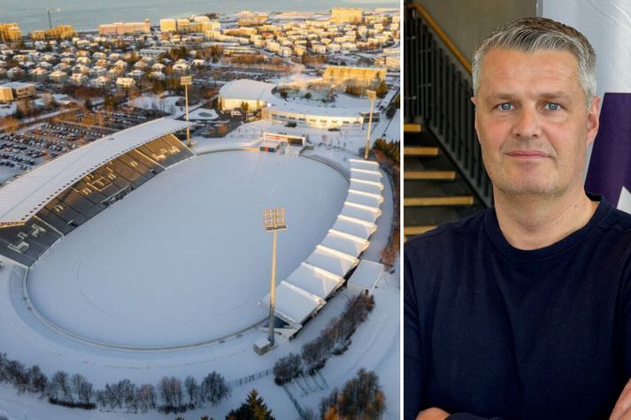 Eysteinn segir vallarstarfsmenn hafa gert sitt besta við að halda snjó af vellinum í nótt og morgun en við ofurefli að etja. Hann er á leið í skoðunarferð um Kórinn ásamt fulltrúum UEFA.