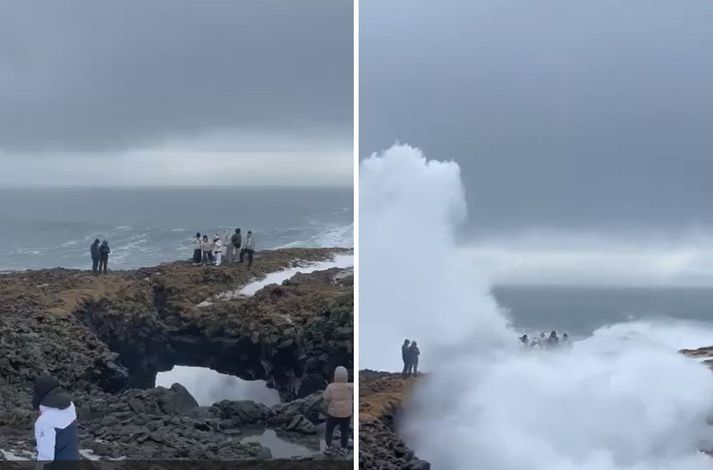 Á myndbandinu sést hvernig ferðamennirnir hverfa undir ölduna.