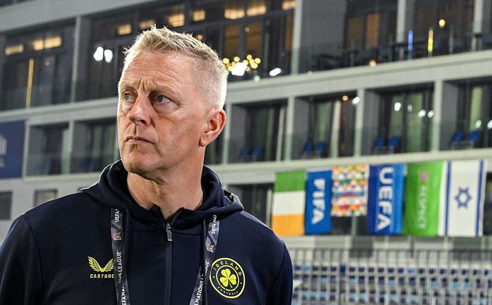 Heimir Hallgrímsson á TSC Arena í Baka Topola í Serbíu, þar sem leikur Írlands við Ísrael fer fram í kvöld.