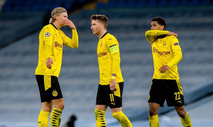 Reus og Bellingham (t.h.) segjast báðir óvissir hvernig eigi að stöðva Haaland (t.v.) í kvöld.