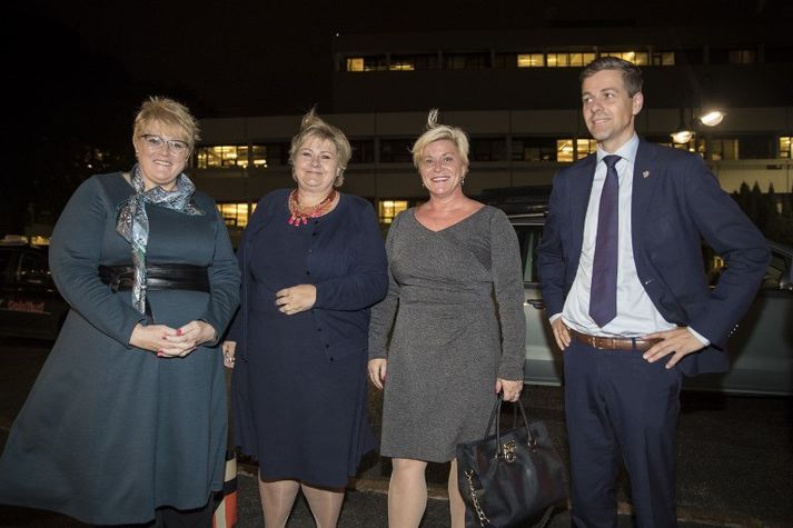 Trine Skei Grande, formaður Venstre, Erna Solberg, formaður Høyre, Siv Jensen, formaður Framfaraflokksins og Knut Arild Hareid, formaður Kristilega þjóðarflokksins í aðdraganda kosninganna í september.