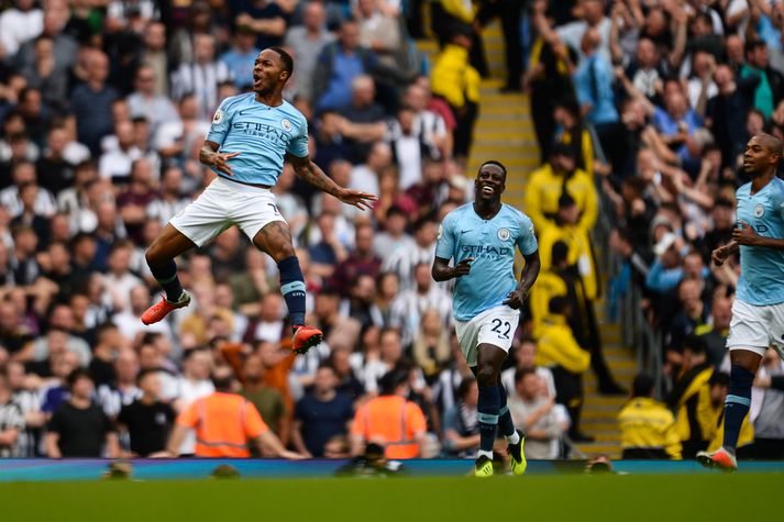 Raheem Sterling fagnar hér marki sínu um síðustu helgi.
