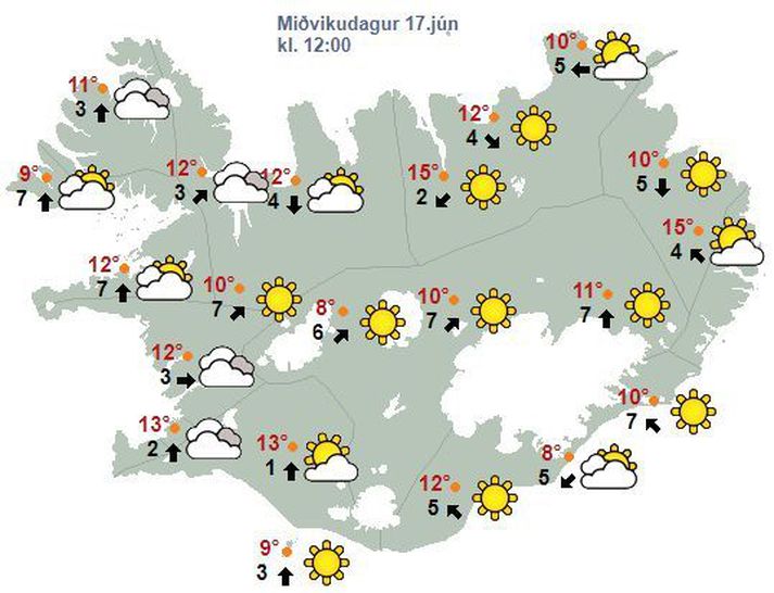 Svona eru verðuhorfur á landinu á hádegi í dag.