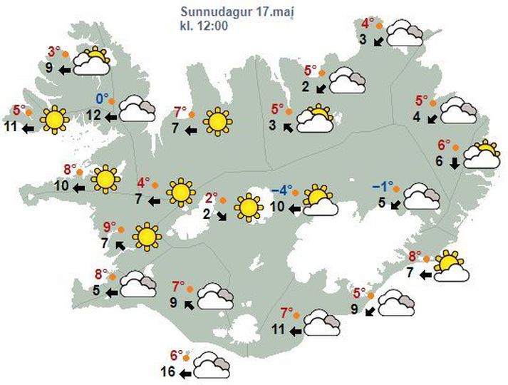 Kortið sýnir veðurspá fyrir landið á hádegi í dag.