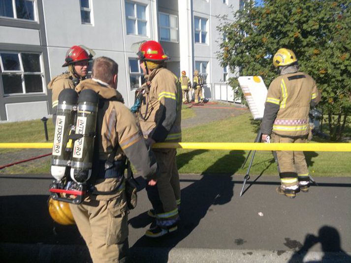 Slökkviliðsmenn við Arnarsmára í morgun.