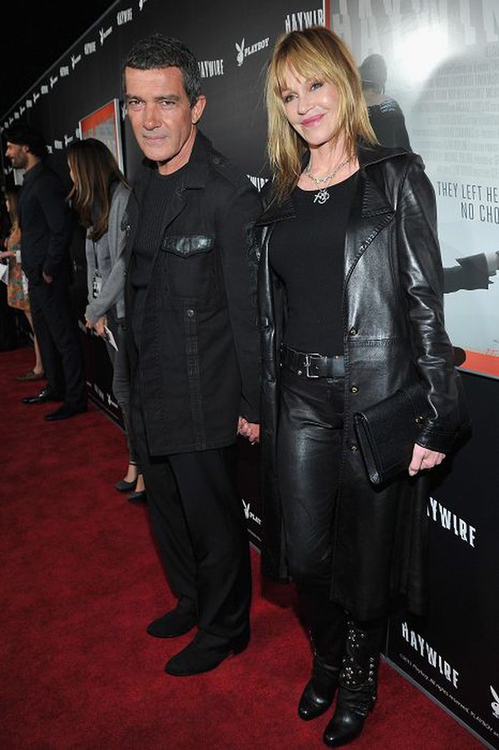 Leikarinn Antonio Banderas mætti á frumsýninguna ásamt leðurklæddri eiginkonu sinni, leikkonunni Melanie Griffith.
