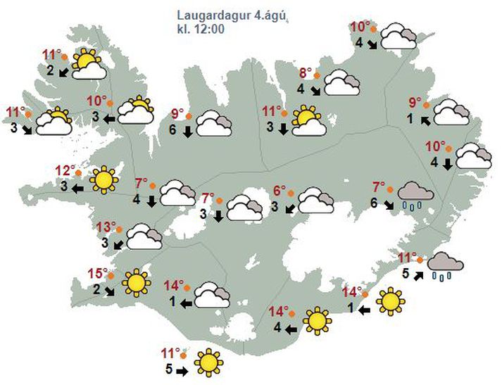 Svona lítur veðurspáin út fyrir landið klukkan tólf á morgun.