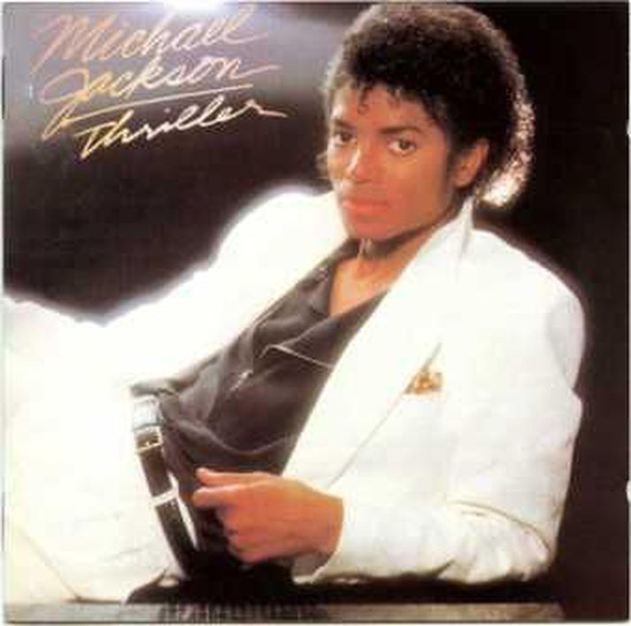 Michael Jackson í blóma lífsins framan á plötunni Thriller.