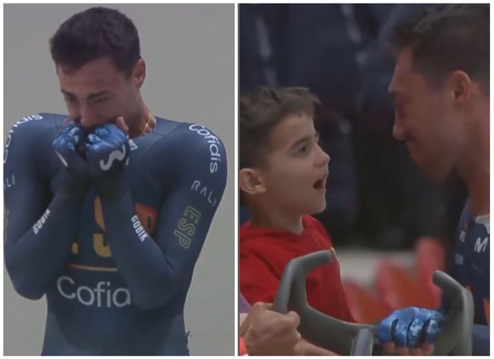 Albert Torres Barceló hágrét eftir að sigurinn var í höfn og fór síðan til fjölskyldu sinnar í stúkunni.