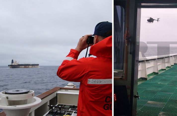 Sjóliði úr Strandgæslu Bandaríkjanna virðir olíuskipið fyrir sér og hin myndin sýnir hermenn flutta um borð í skipið með þyrlu.