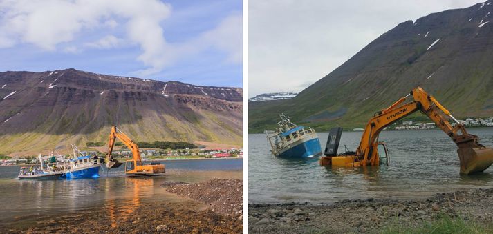 Á fyrri myndinni leikur allt í lyndi, á seinni myndinni er grafan komin á bólakaf.