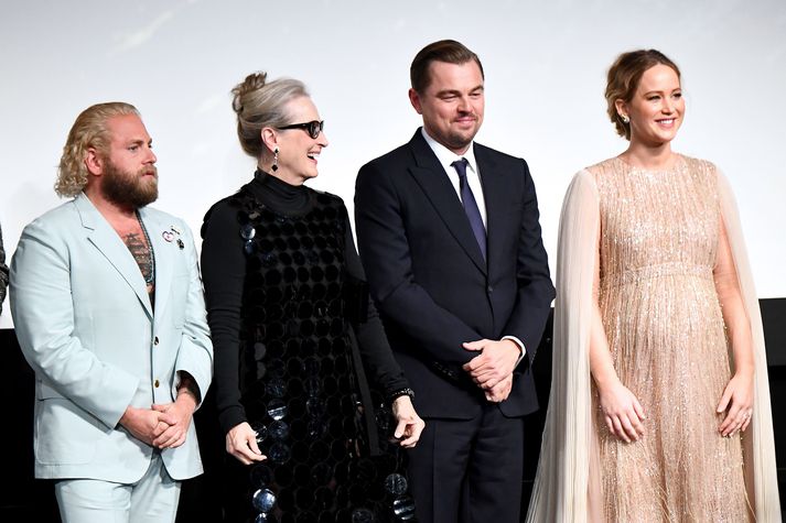 Upptalning frá vinstri hlið: Jonah Hill, Meryl Streep, Leonardo DiCaprio og Jennifer Lawrence.