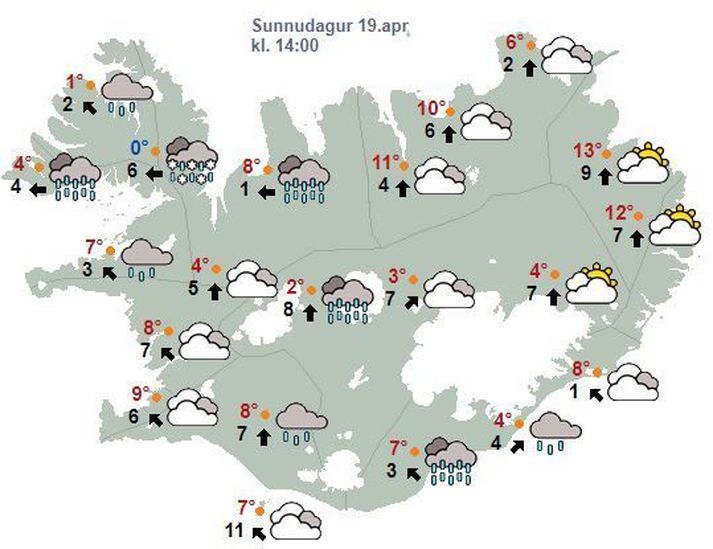 Spákort Veðurstofunnar fyrir klukkan 14 eins og það lítur út á áttunda tímanum.