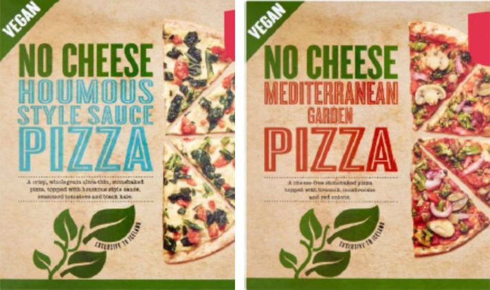 Pítsurnar sem um ræðir eru „No Cheese Houmous Style Pizza 284g“ og „No Cheese Mediterranean Pizza 382g“.