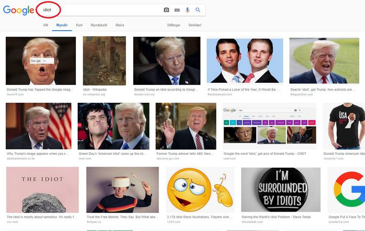 Svona raðar Google upp leitarniðurstöðum sé leitað að enska orðinu idiot í myndaleit Google.