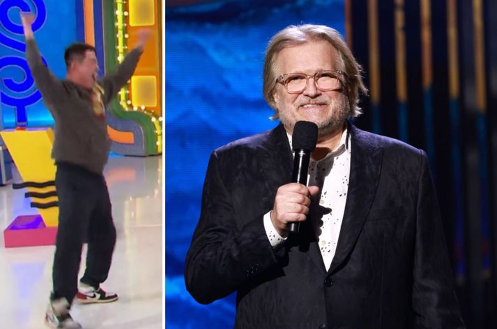 Til vinstri má sjá Henry er hann fagnar eftir að hafa giskað rétt í fyrstu tilraun. Til hægri má sjá stjórnanda þáttanna, Drew Carey.