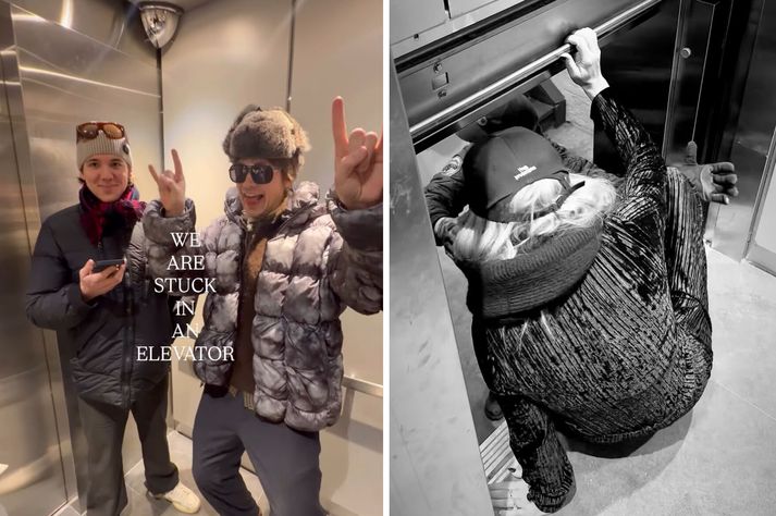 Áslaug Arna og vinir hennar voru í um 45 mínútur í lyftunni.