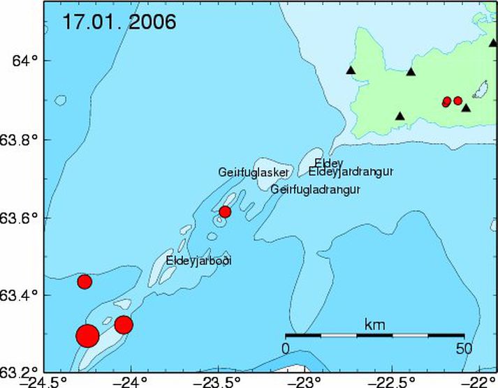 Skjálftavirkni á Reykjaneshrygg sl. nótt