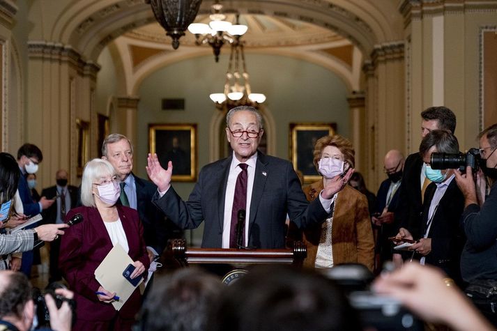 Öldungadeildarþingmenn Demókrataflokksins á blaðamannafundi á þriðjudaginn. Fyrir miðju má sjá Chuck Schumer, leiðtoga meirihlutans.