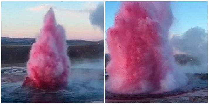 Strokkur gaus rauðu í nokkur skipti í dag.