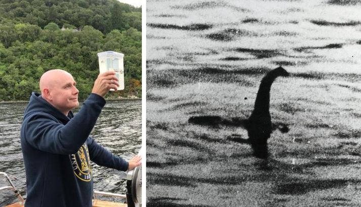 Neil Gemmell við rannsóknin. Ljósmyndin til hægri er frá 1934 og sögð vera af Loch Ness skrímslinu. Síðar kom þó í ljós að um fölsun hafi verið að ræða.