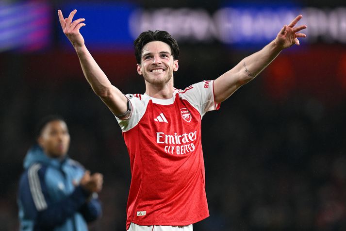 Declan Rice fagnar hér sigri Arsenal í kvöld.
