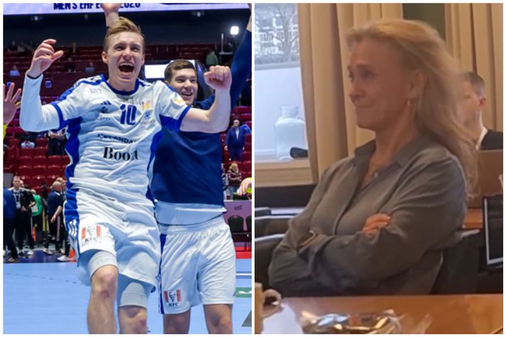 Gísli Þorgeir Kristjánsson fagnar sigrinum með liðsfélögum sínum og til hægri fylgist Þorgerður Katrín Gunnarsdóttir, utanríkisráðherra Íslands, móðir Gísla með syni sínum.