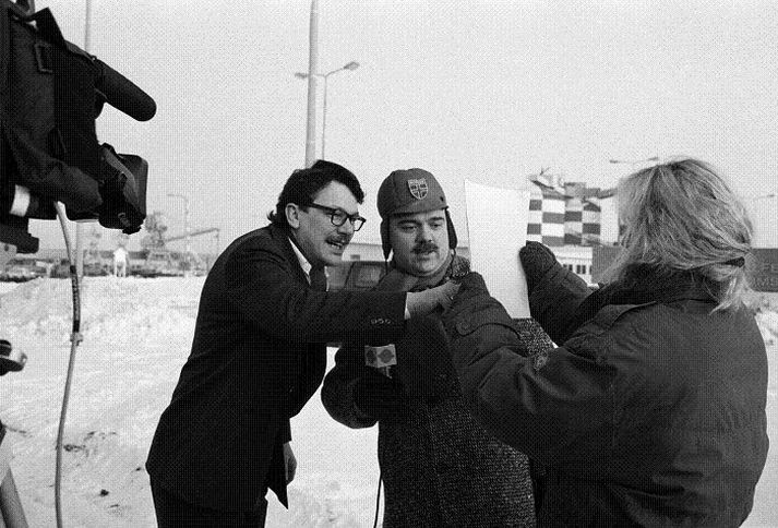 Við tökur á Spaugstofunni Pálmi Gestsson og Örn Árnason að æfa sig fyrir töku.