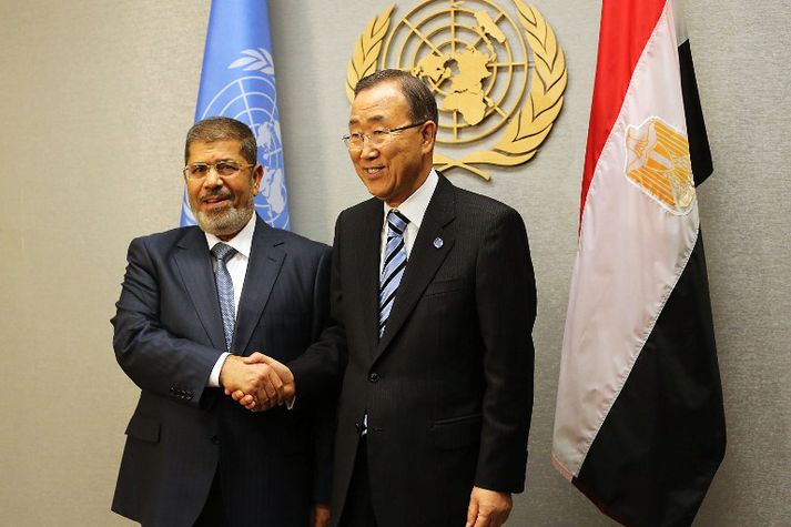 Mohamed Mursi, forseti Egyptalands, ásamt Ban Ki-moon, ritara Sameinuðu þjóðanna.