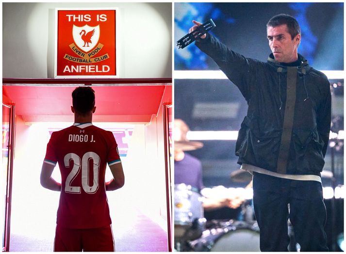 Diogo Jota þegar hann var kynntur á Anfield sem nýr leikmaður Liverpool og Liam Gallagher á tónleikunum í Cardiff í kvöld.