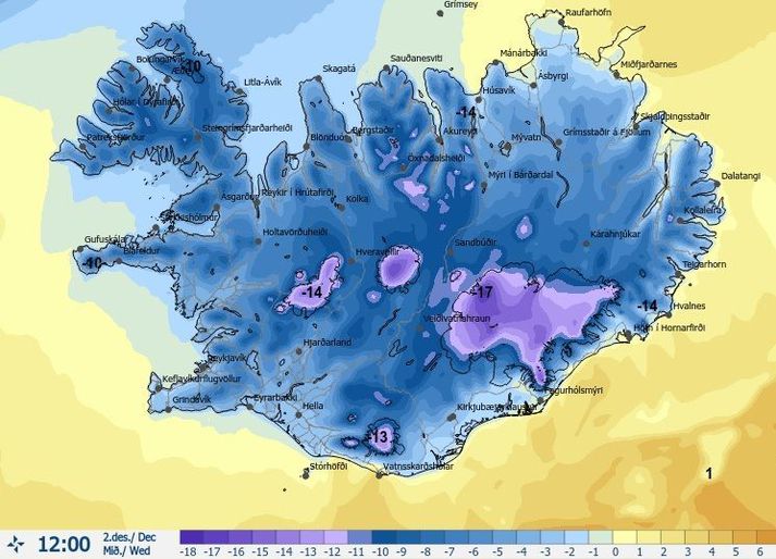 Það verður kalt á landinu á morgun ef marka má spákort Veðurstofunnar eftir smá hlýindi í dag.