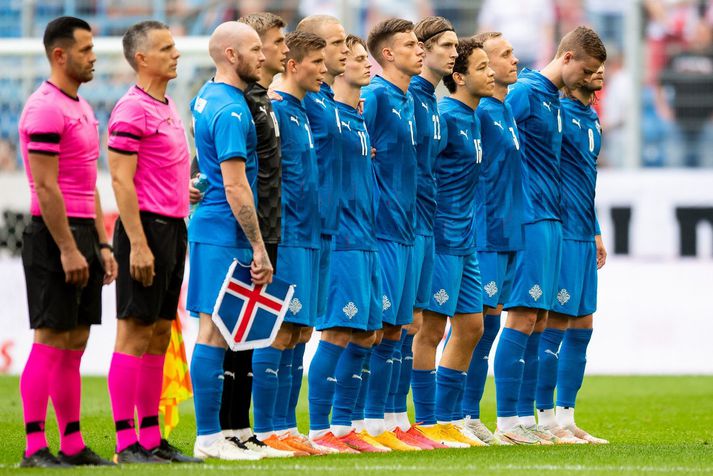 Íslenska landsliðið fyrir leik á móti Póllandi í byrjun júní.