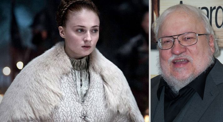 Sophie Turner í hlutverki Sönsu Stark og George R. R. Martin.