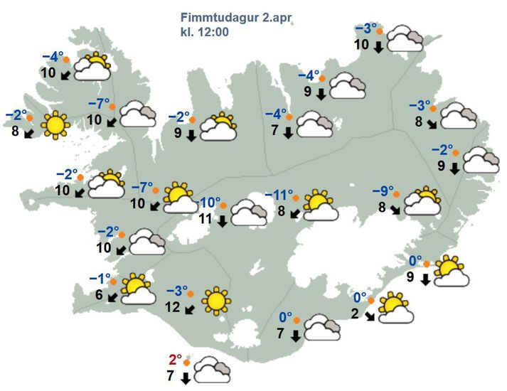 Spákort Veðurstofunnar fyrir hádegið í dag, eins og það leit út í morgun.
