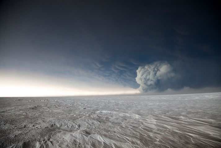 The eruption is nowhere near as powerful as it was in the first hours on Saturday.