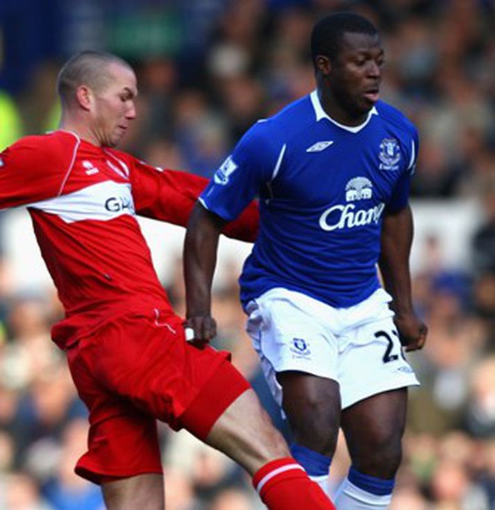 Yakubu (til hægri) skoraði fyrir Everton í dag.