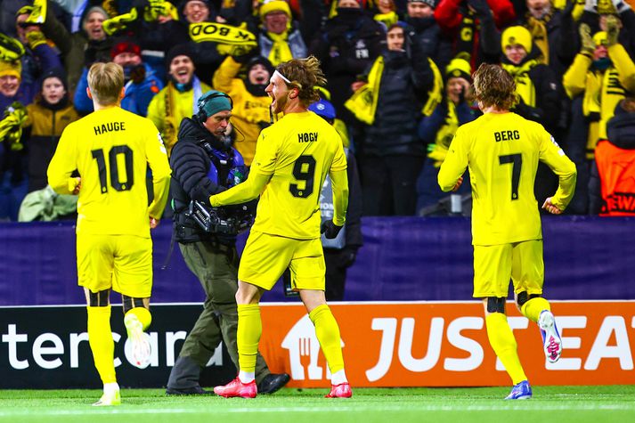 Kasper Högh fagnar öðru marka sinna fyrir Bodö/Glimt í sigrinum óvænta á Manchester City.