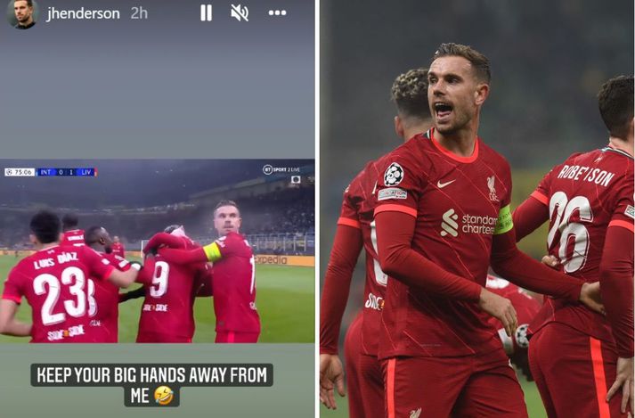 Jordan Henderson sendi Joel Matip hressandi skilaboð á Instagram. Hann var ekki sérlega glaðbeittur á svip eftir að Matip sló hann í höfuðið, á San Siro í gær.